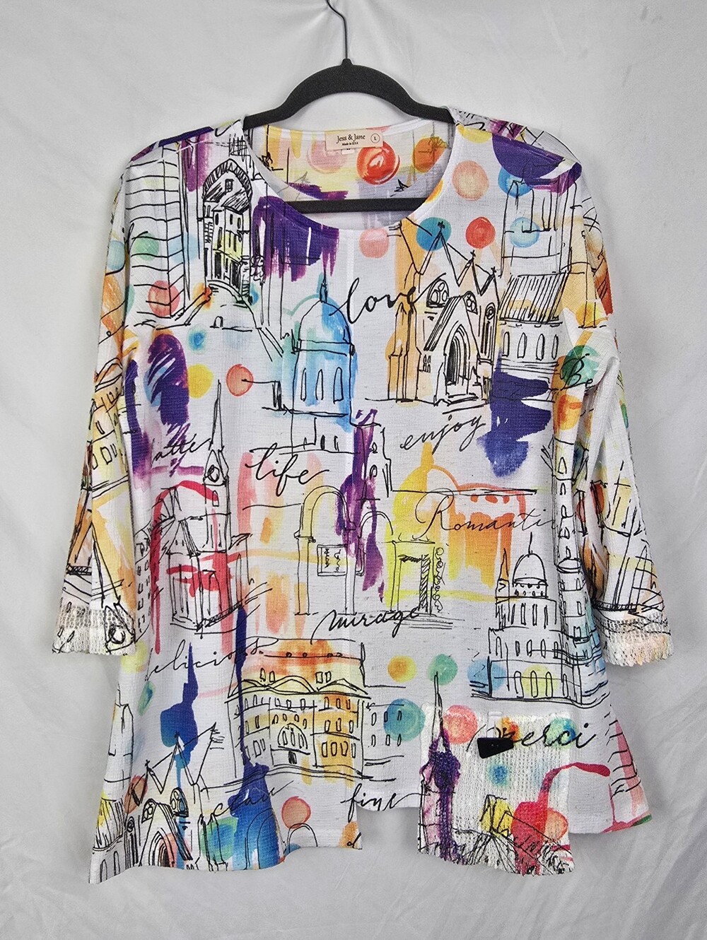Jess & Jane Artsy Bohemian 3/4 Sleeve Colorful Relaxed Tunic Top sz L